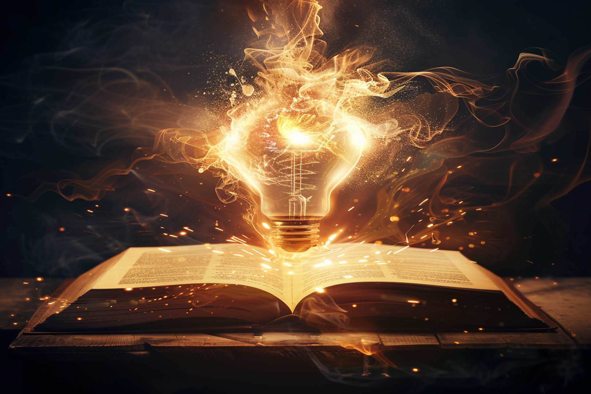Eine Glühbirne schwebt über einem aufgeschlagenen Buch. Aus dem Buch strömen leuchtende Partikel und Rauch empor, die sich um die Glühbirne herum winden, was eine Atmosphäre von Inspiration und Kreativität erzeugt. Funken und leichte Glut vermitteln ein Gefühl von Energie und Entdeckung, als würden Ideen aus dem Buch aufsteigen.